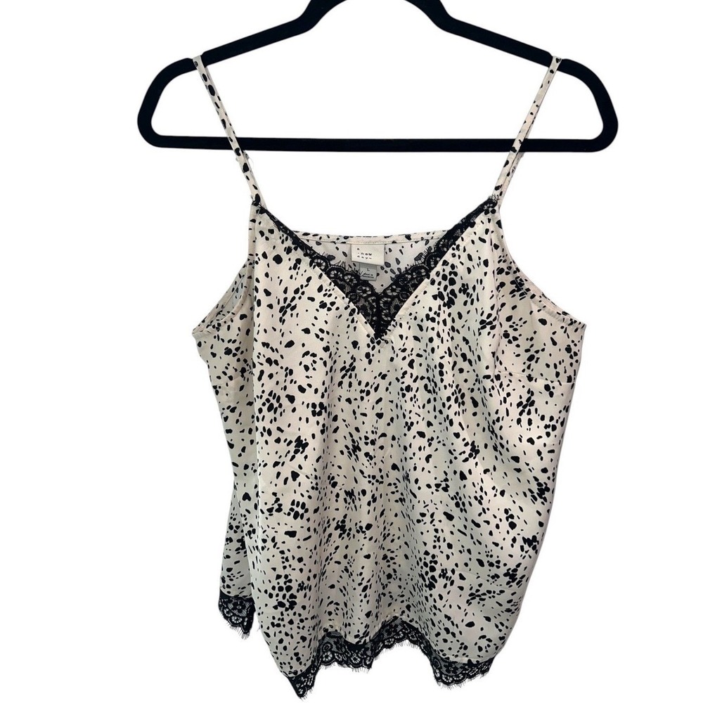 Lace Trim Coquette Satin Cami Dalmatian Romantic Black White Adjustable Strap L